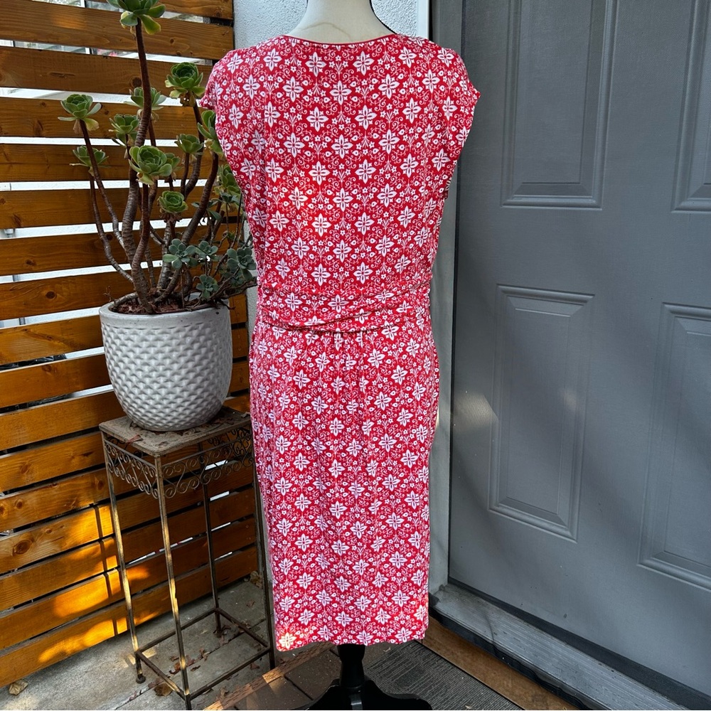 Boden Floral Red White Floral Geometric Dress Scoop Neck Cap Sleeve Pockets 14L - Picture 3 of 9